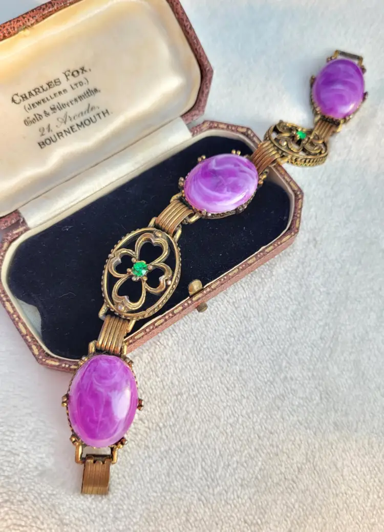 Vintage Purple & Green Cabochon Rhinestone Gold Tone Chunky Link Bracelet 7.5"