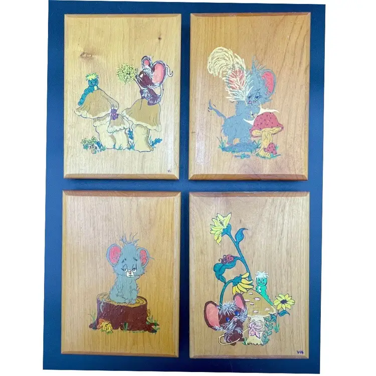 Set of 4 MCM Mouse Mushroom Flower Hand Painted Wood Plaques  Signed Vibrant Rare - Gift