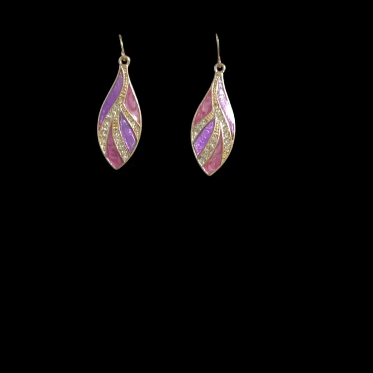 Kim Rogers  Goldtone Jewlery Set . Multi Strand Pendant Necklace & Pierced Dangle Earrings. Beautiful Purple Enamel With Adorned Iridescent Rhinestones.