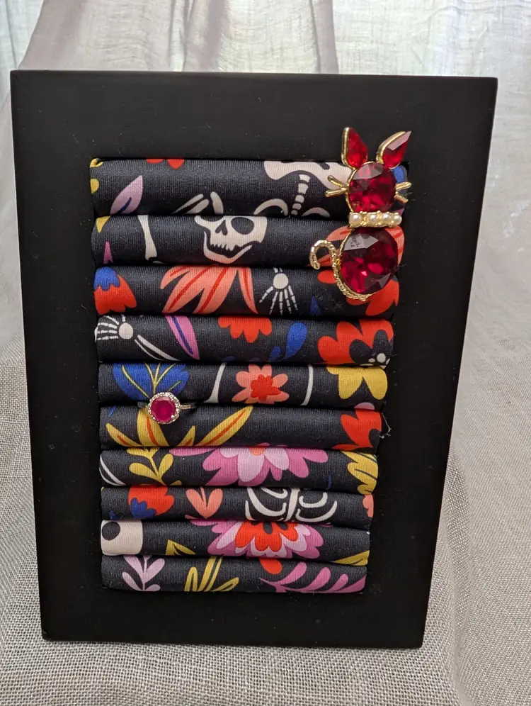 Black Repurposed Frame with Skeleton floral print material for rings and brooches