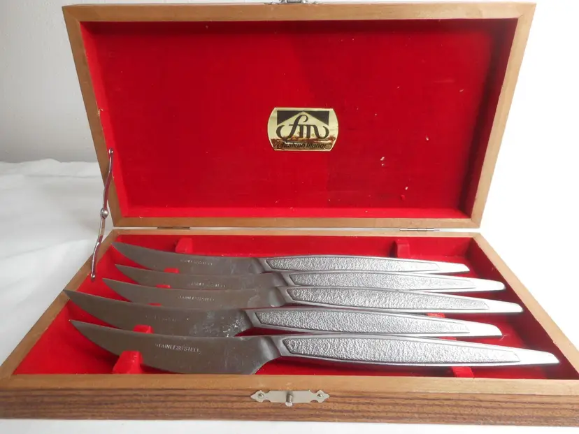 Vintage MCM Fashion Manor Stainless Steel Cutlery Steak Knife Set wood Box Japan