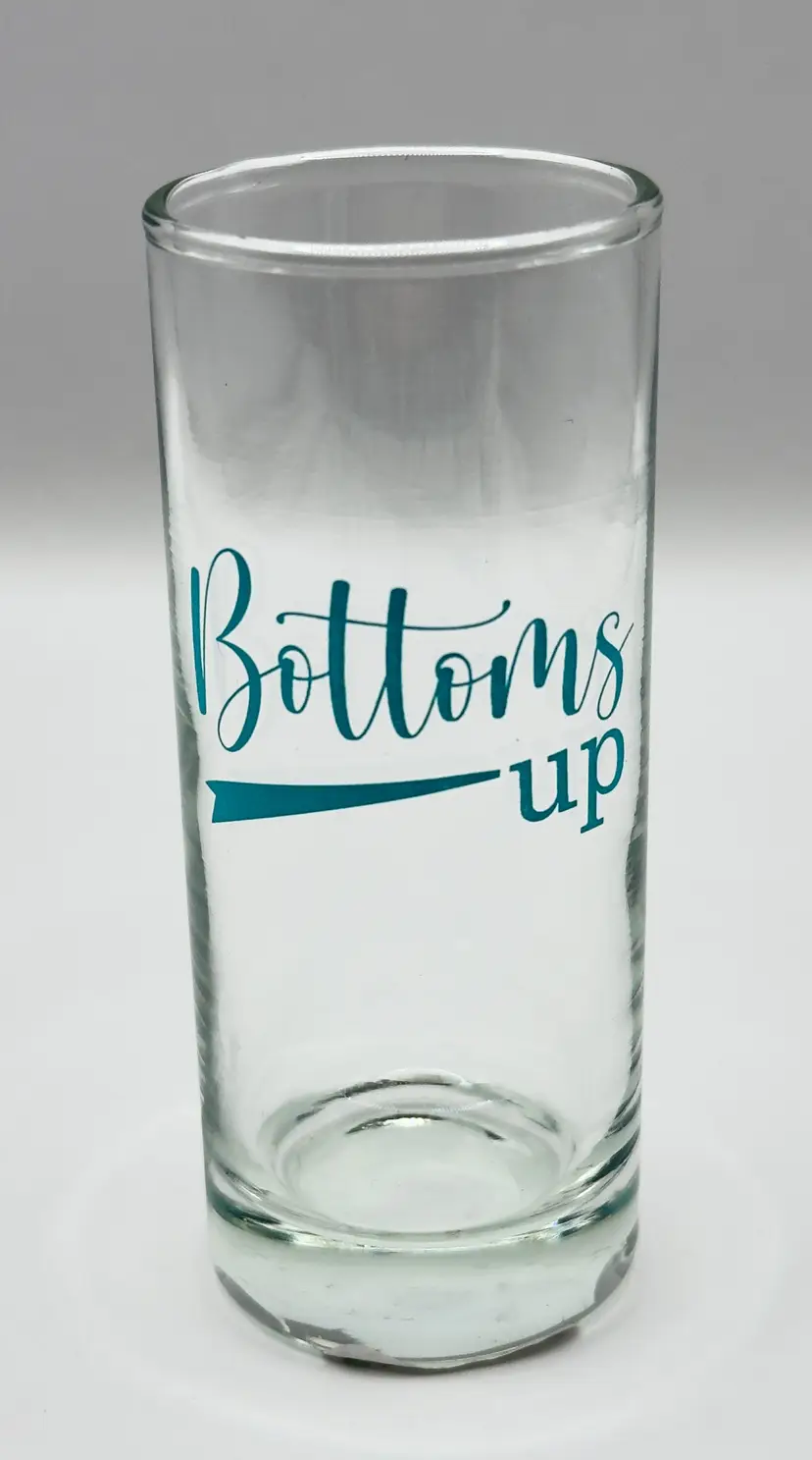 Retro 'Bottoms Up' Highball Glass, Clear with Blue Text, Single Stripe Shot Glass, Single Shot Glass with Ridges, Fun Barware Set Of 3, Unbranded