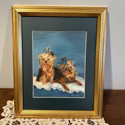 Adorable original painting of 2 Yorkshire Terriers From 1999 Signed by Shirley Oates.  Beautifully Mastered and framed in a Gold frame.  These adorable faces make you want to pick them up and snuggle them!! Size: 16” x 13”