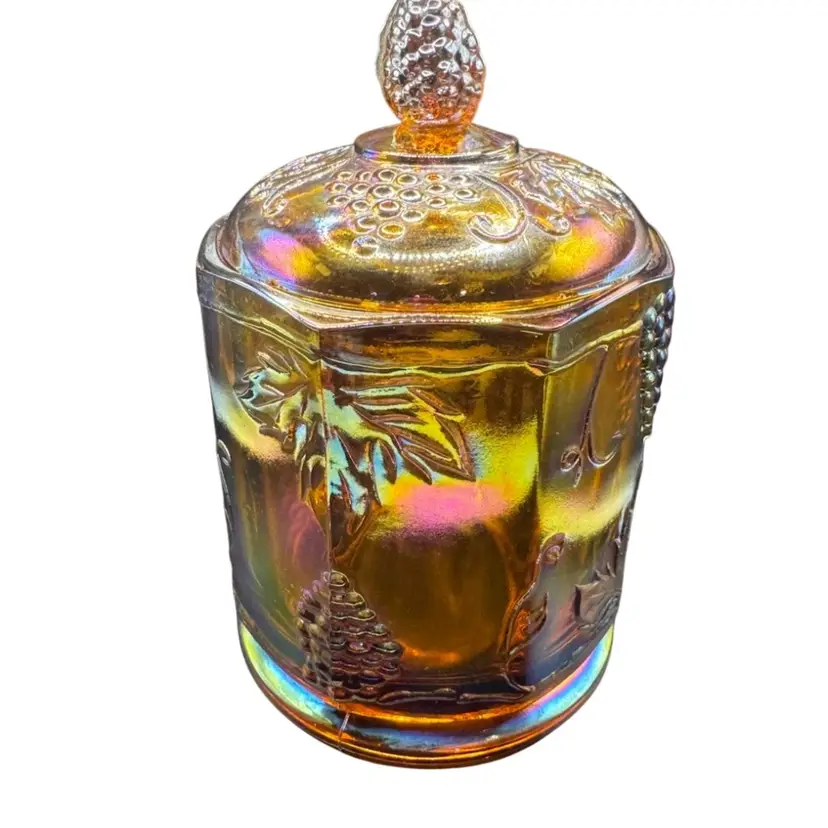 Carnival Glass Lidded Jar Iridescent Marigold Grape and Leaf Pattern, 8.5 in H x 5 in W