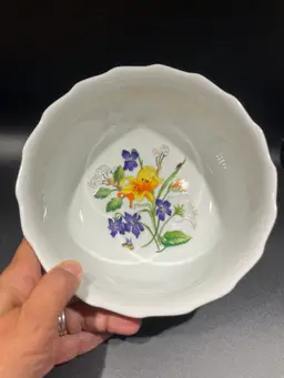 Flowers of Washington Cathedral- Andrea by Sadek- Beautiful Floral Inside A Beautiful Bowl– Japan – Scalloped/ Gold Edge- 5.75” Tall, 7.5” Diameter