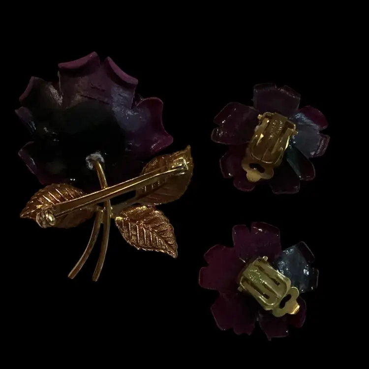 Gorgeous Goldtone Vintage Deep Purple   Matte Finish Rose Brooch With Matching Clip Earrings.  Signed Ges Gesch West Germany . Such A Beautiful Set !