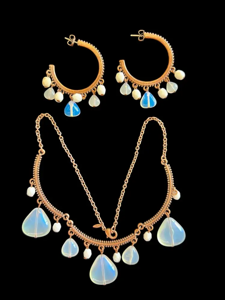 Vintage SAQ Copper Moonstone Beads Dangle Earrings Necklace Set #A-1