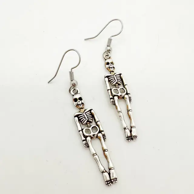 Halloween Skeleton Earrings Silver Tone Handmade