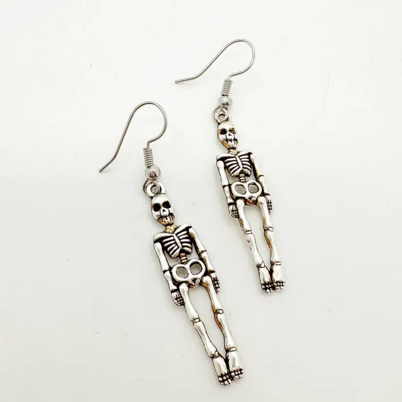 Halloween Skeleton Earrings Silver Tone Handmade
