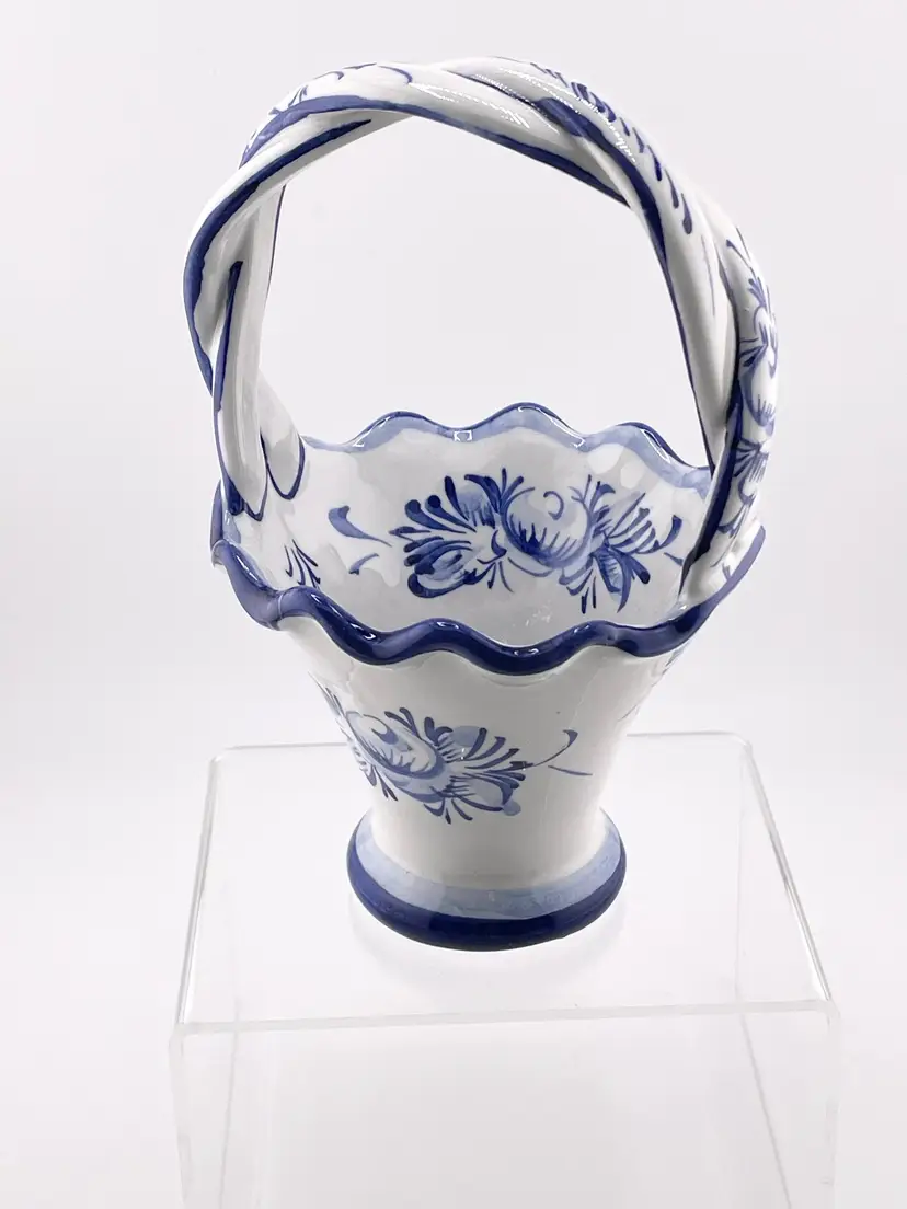 Vintage Porcelain Portugese Handpainted Basket with Braided Handle and Ruffled Edges Blue Floral Design   7" Tall x 4" Wide x 4" Deep
