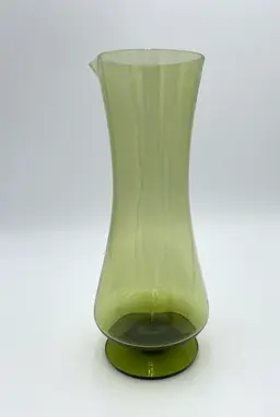 Vintage Blown Glass Empoli (?) Pitcher Vase, Avocado Green, Pedestal Base, 10.3"