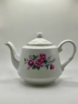 Vintage Porcelain Cabbage Rose Bouquet Gold  Trim Teapot China 5”