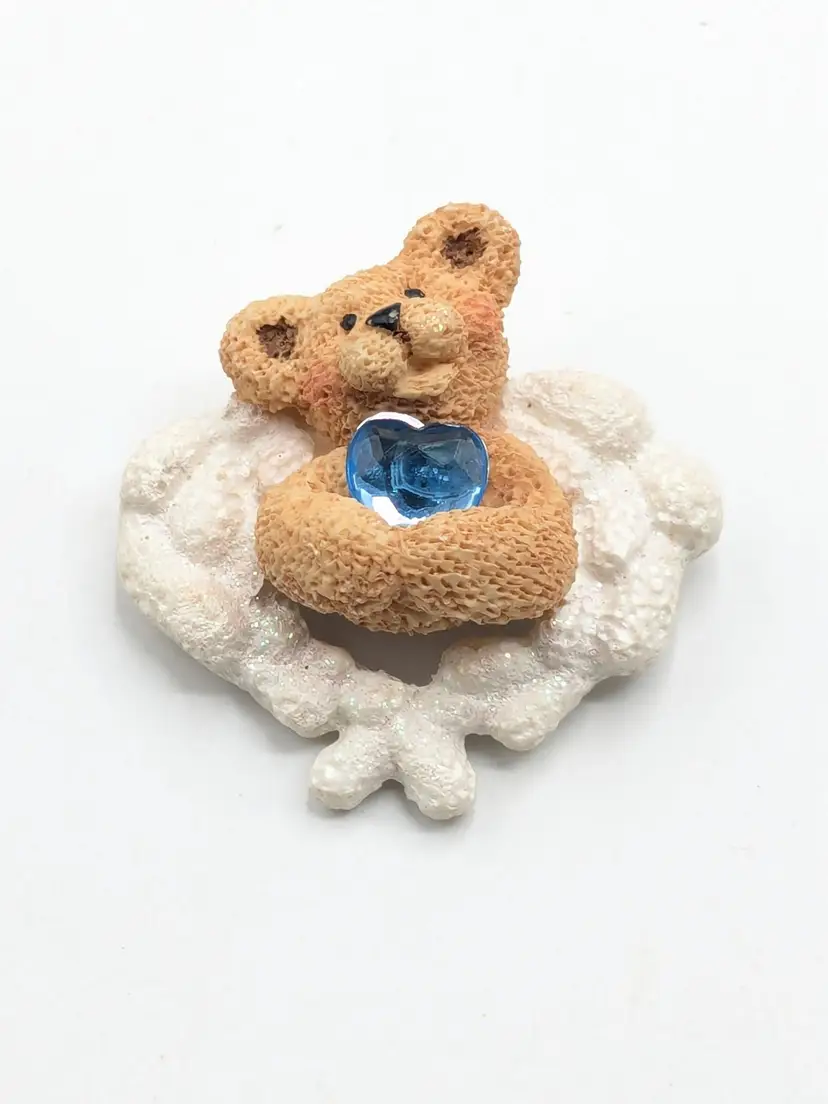 Kurt Adler Teddy Bear Angel Brooch Pin Blue Heart Jewelry Resin