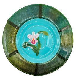 Fused Studio Art Glass Plate Pink Orchid Flower Blue Green Shimmer Round 10.5”