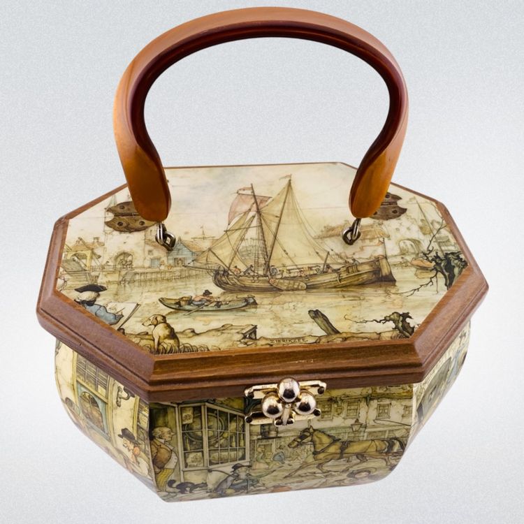 Vintage Box Purse Anton Pieck 1960s Decoupage Village Scenes Whimsey Animals Retro