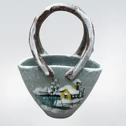 Hand Painted Pottery Basket Made In Italy Winter Scene 6.5”