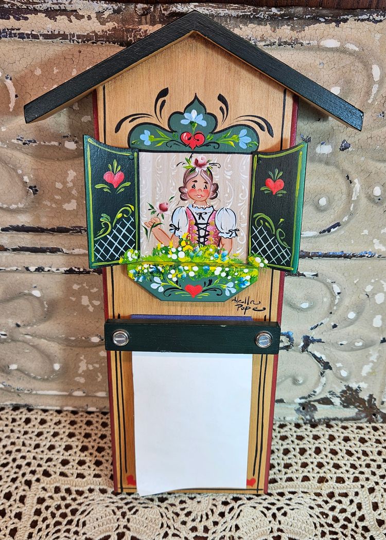 Vintage Signed Folk Art Hand Painted Wooden Notepad Wall Mounted Hanging German