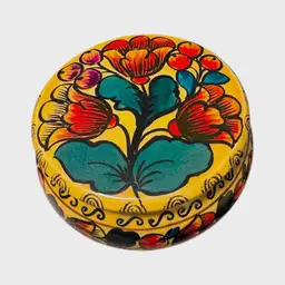 Vintage Russian Hand Painted Lacquer Round Floral Flowers Trinket Box 1988