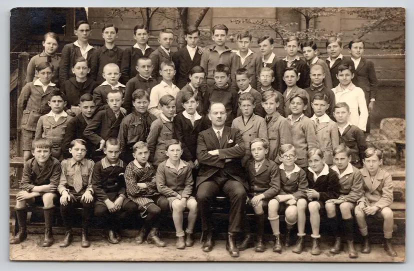 Postcard RPPC All Boys School Group Photo Students Rolling Eyes Teacher Real Photo- 9150