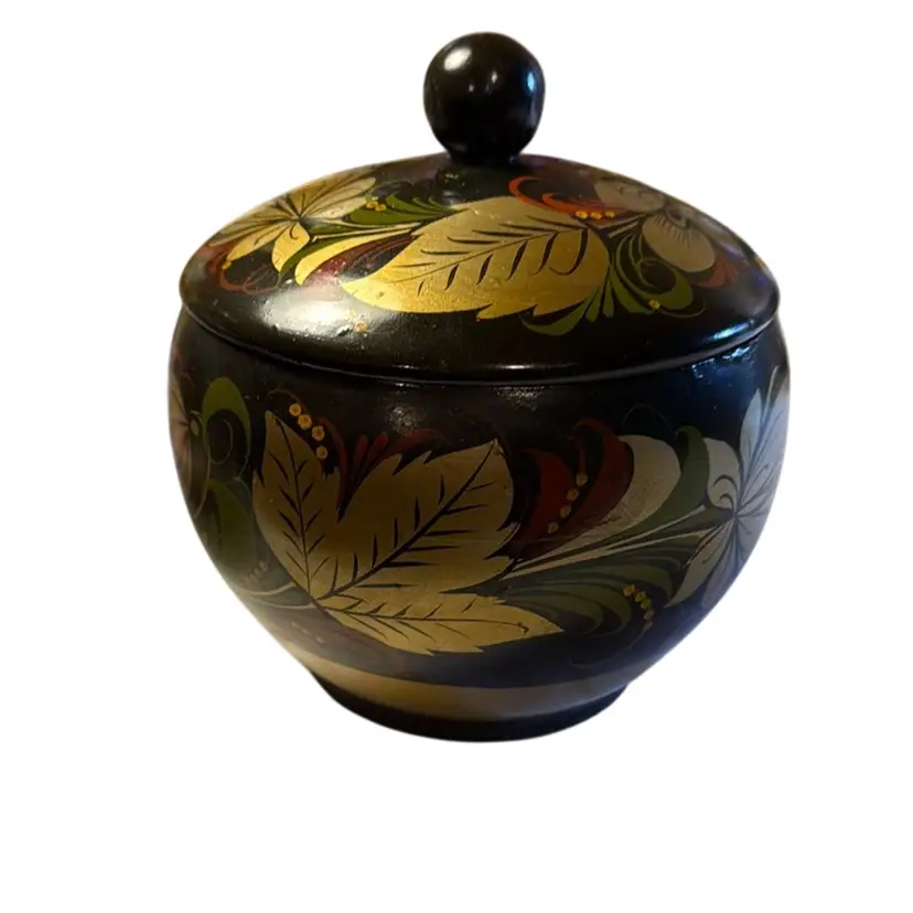Vintage Russian Khokhloma Bowl With Lid Lacquered Wood Hand Painted Floral & Leaves