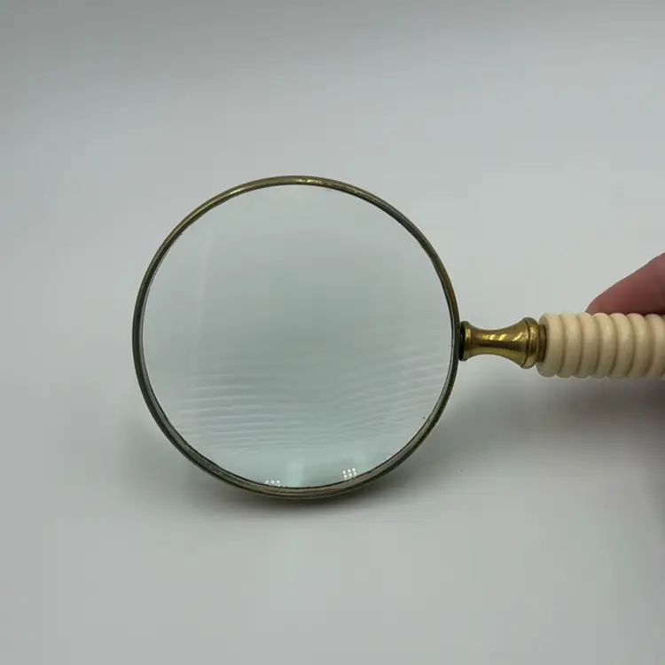 Vintage Solid Brass Magnifying Glass with Ribbed Cream-Colored Handle