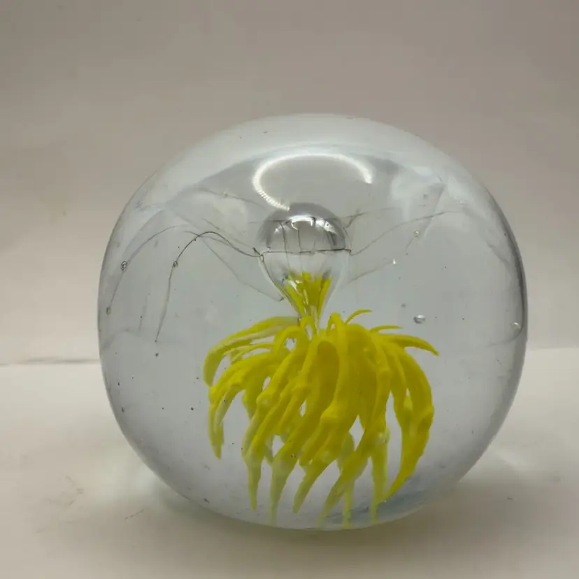 Yellow Blooming Flower Controlled Bubble Mini Sphere Art Glass Paperweight 2β