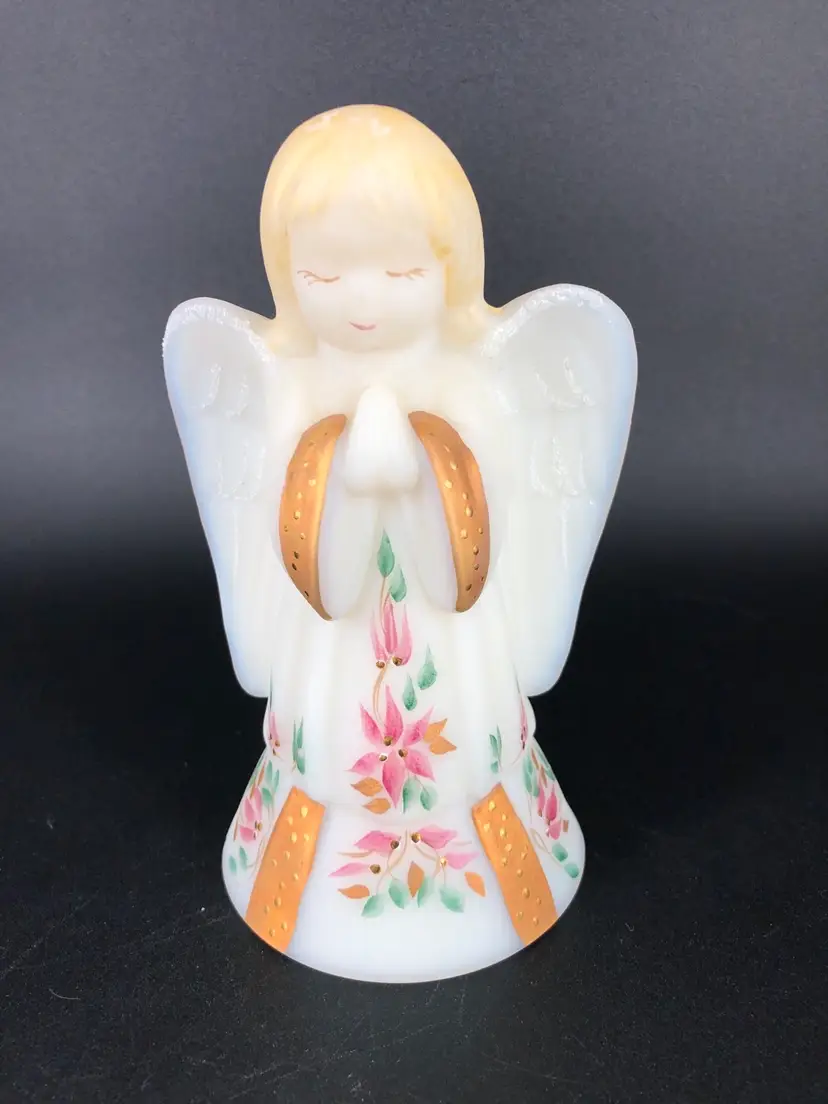 Fenton Hand-painted Poinsettia Glass Angel Bell Signed J. Cutshaw