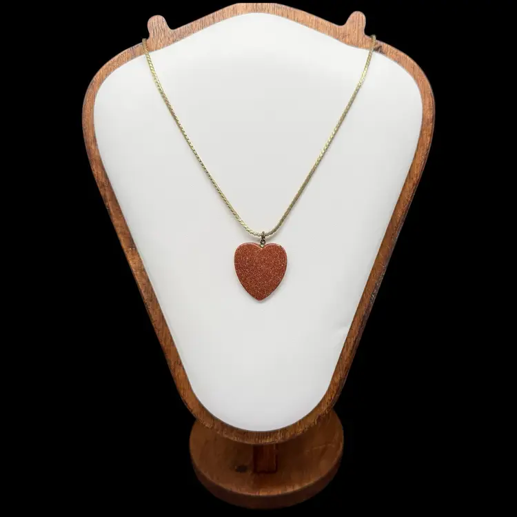 Estate Goldstone Heart Pendant Necklace On Gold Tone Herringbone Chain Boho Chic