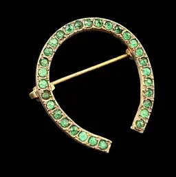 Horse Shoe Lucky Green Rhinestone Pin Silver In Tone 1"