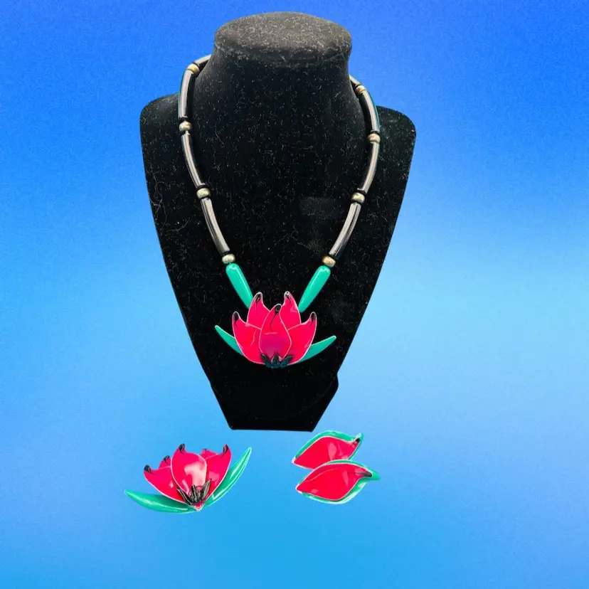 Vintage Enamel Tulip Necklace & Brooch/Earrings Set – Bold Floral Statement Jewelry