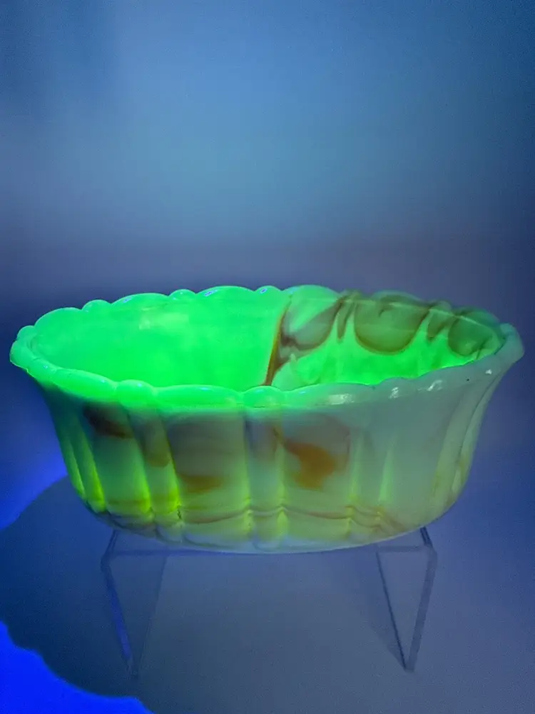 Vtg Akro Agate Glass Orange White UV Reactive Oval Candy Dish Planter 2.5 in H