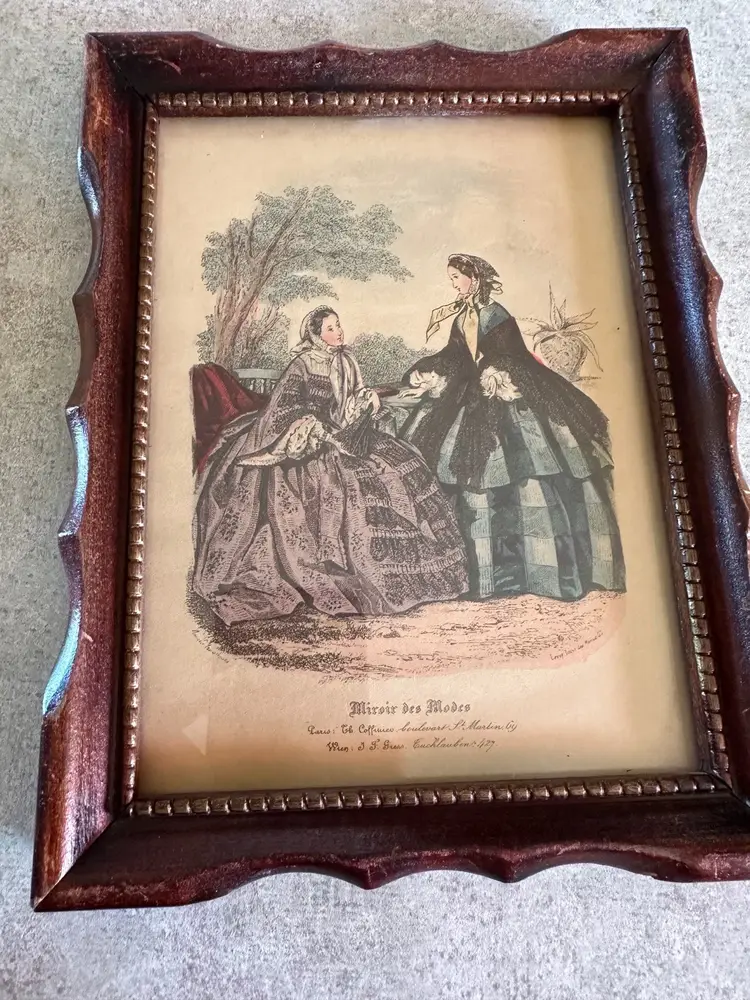 Framed fashion print titled 'Miroir des Modes' from Paris fashion publication. Vintage