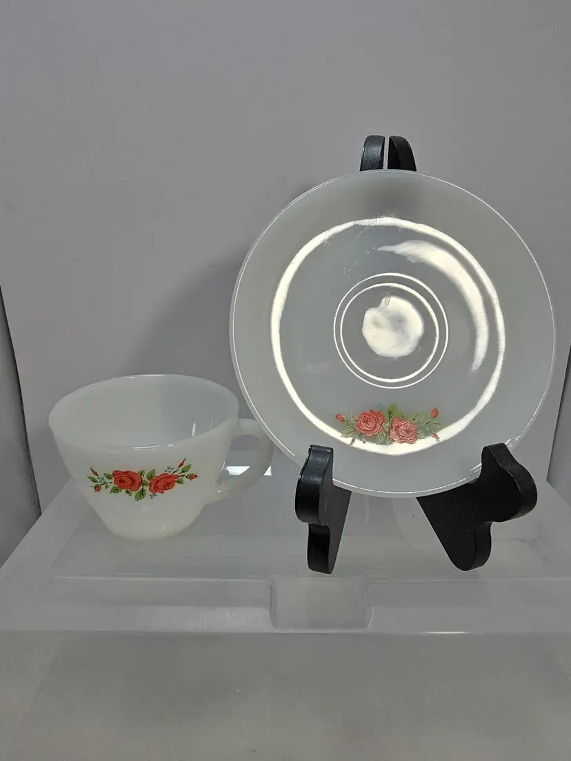 Anchor Hocking Fire King Tea Cup And Saucer Rose Pattern Milk Glass 1950's (C4)