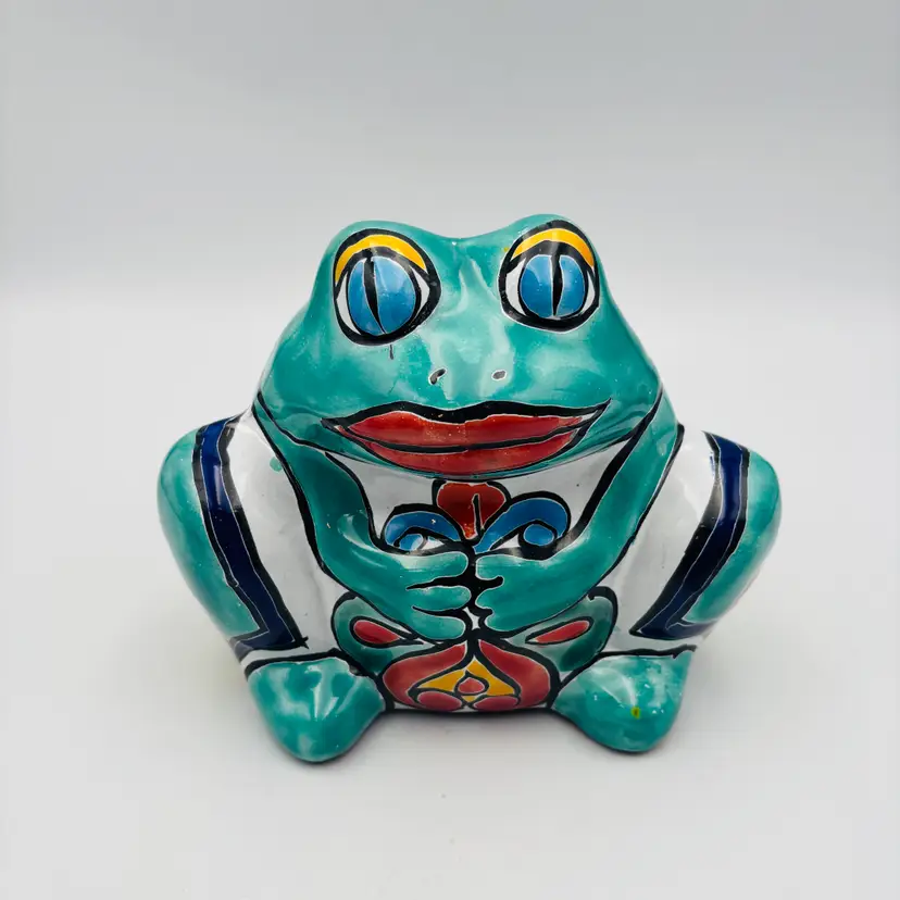 Handpainted Mexican Redware Pottery Talavera Frog Planter Folk Art Pottery