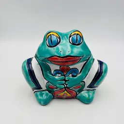 Handpainted Mexican Redware Pottery Talavera Frog Planter Folk Art Pottery