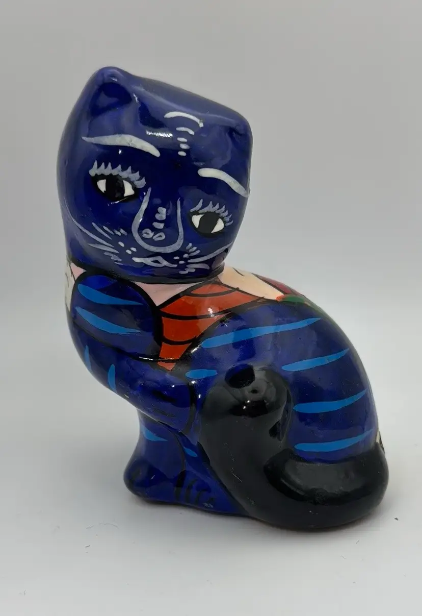 Talavera Redware Cat Hand Painted Pottery Folk Art Figurine 4” Vibrant Colors