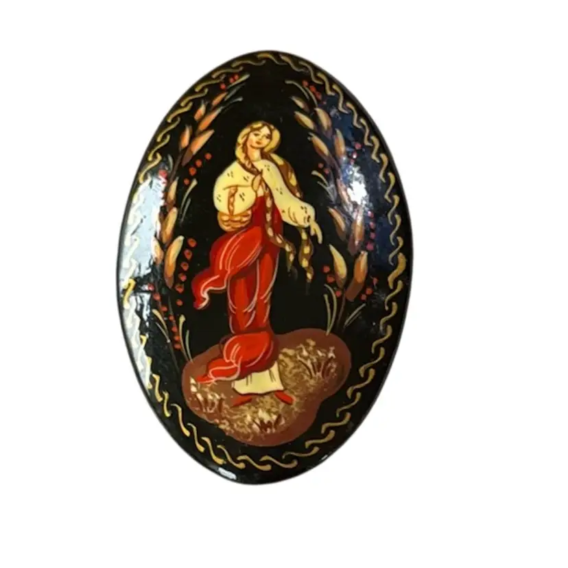 Signed Vintage 1994 Russian Fairy Tale Lacquer Oval Brooch