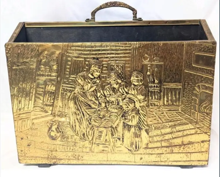 Vintage Lombard-Style Brass Embossed Magazine Rack, 11" Tall