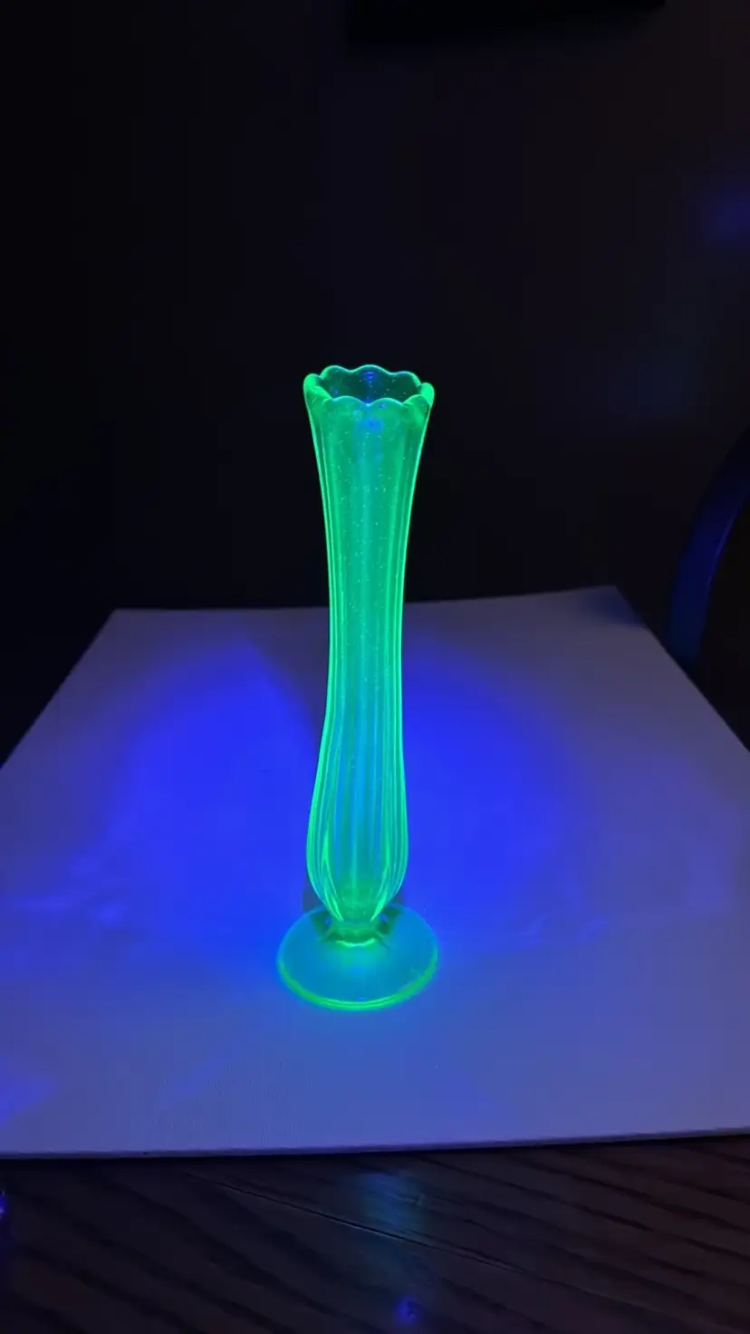 Uranium Vaseline Green Glass Swung Stretch Footed Bud Vase 8.5" tall