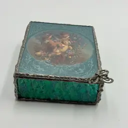 Teal Iridescent Glass Cherub Jewelry Keepsake Storage Box With Chained