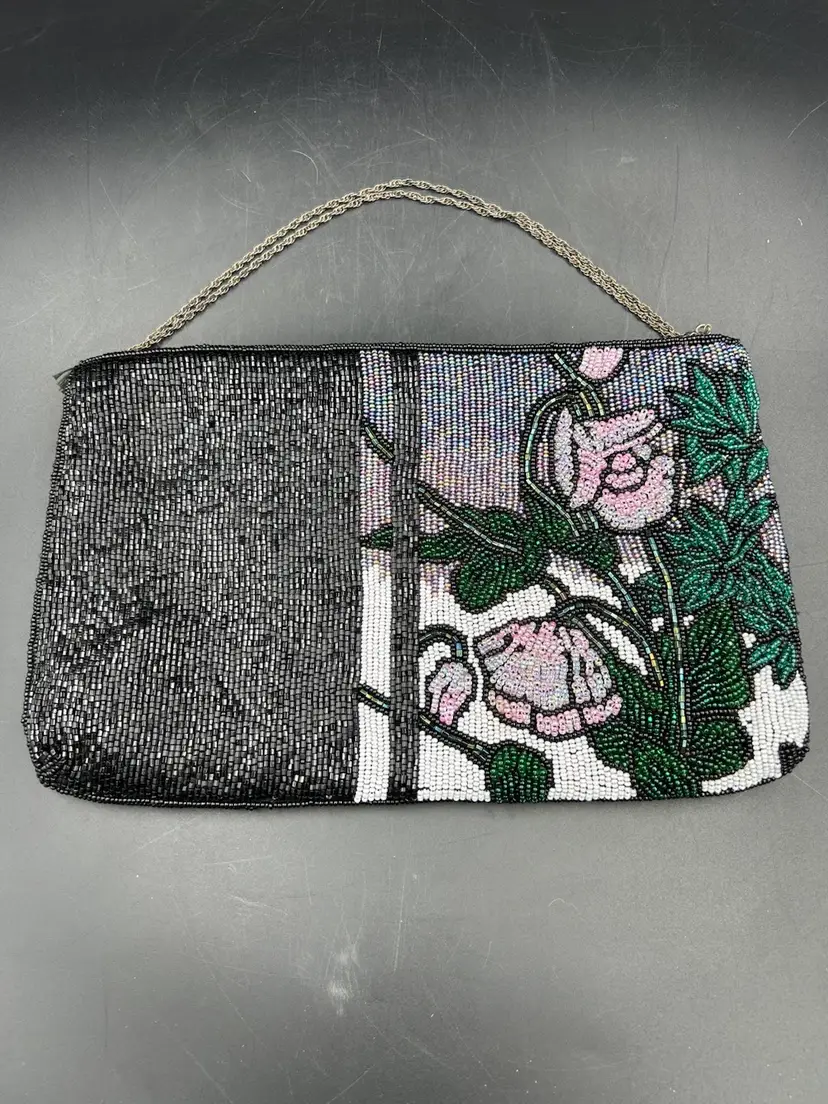 Vintage Black Valerie Barad Pink And Green Beaded Art Deco Floral clutch purse