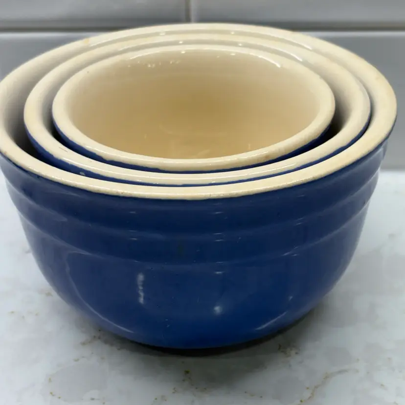 Vintage 3 Pc Cobalt Blue Oxford Stoneware Nesting Bowls Royal Blue Cream Set