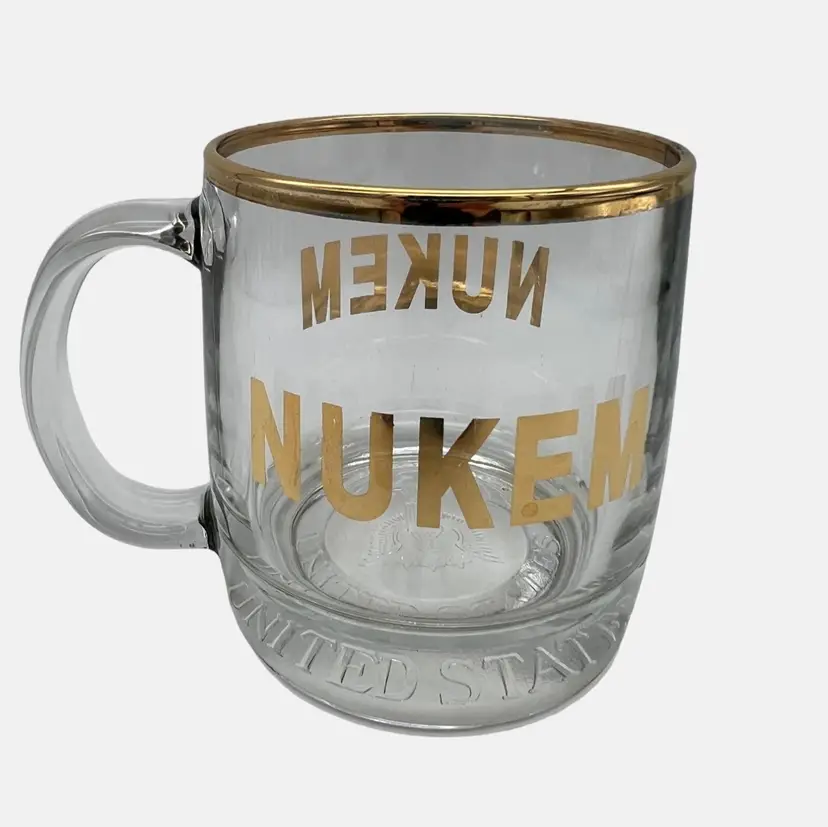 Nukem Clear Glass Coffee Mug With Gold Trim 3.75" Tall Collectible USA Theme