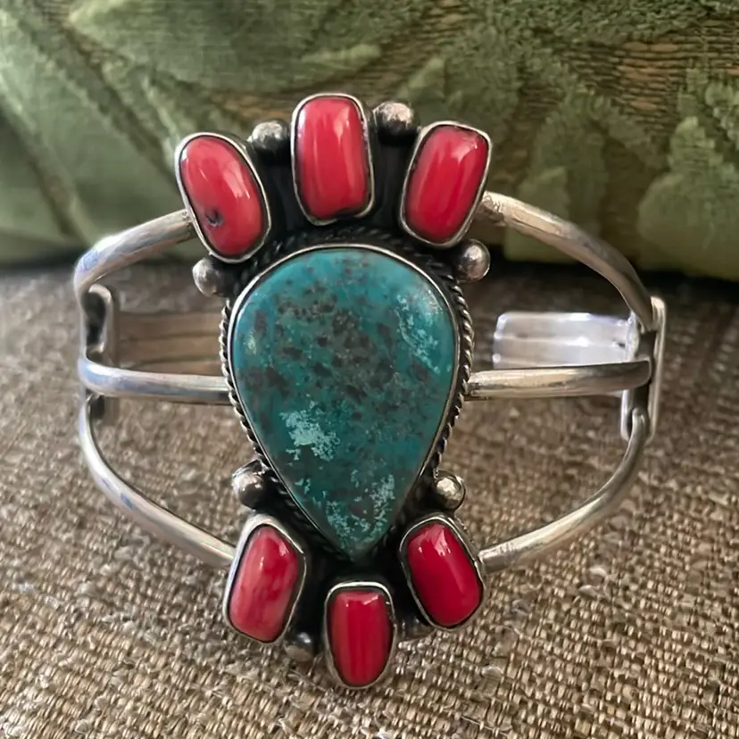 Navajo Kingman Turquoise And Red Coral Sterling Cuff
