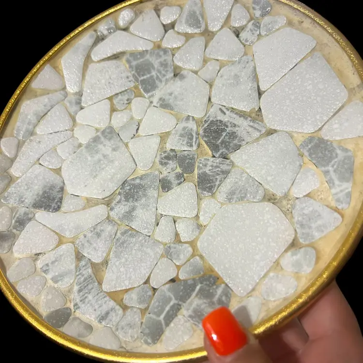 Mid Century Mosaic Plate – 8.5” Round Tray – White & Gray Stone Tile Inlay – Gold Back – Retro Wall Art or Catchall – MCM Decor