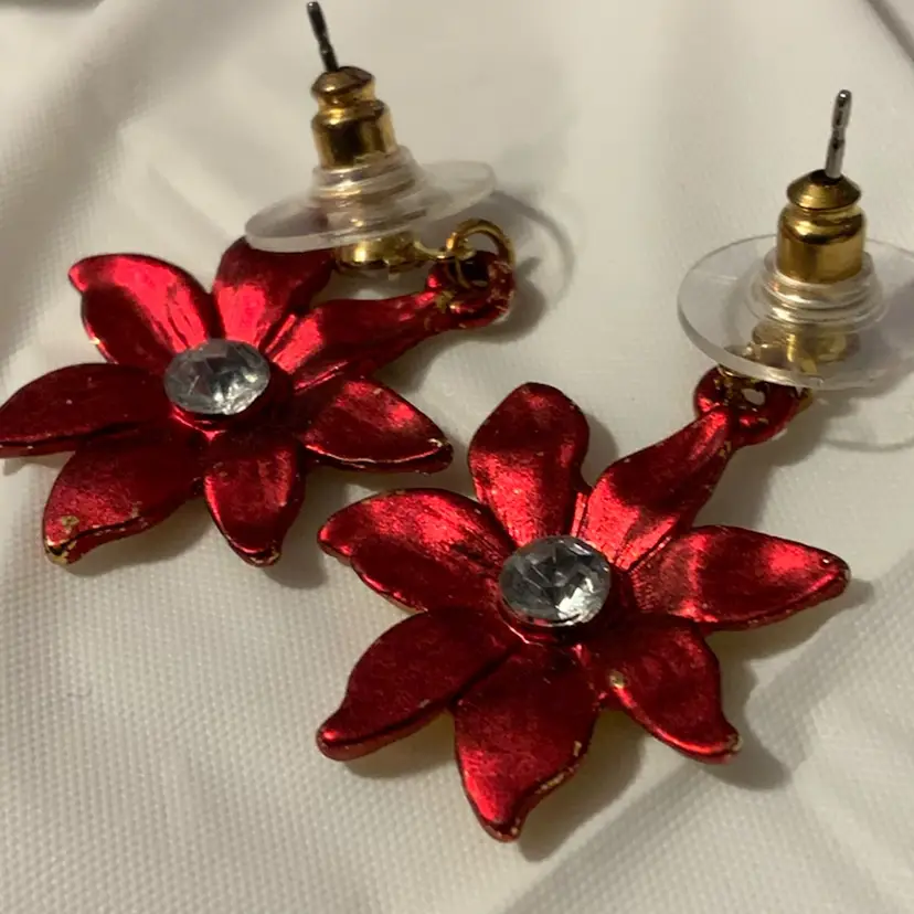 Red Flower Earrings Approximately .5” Diameter