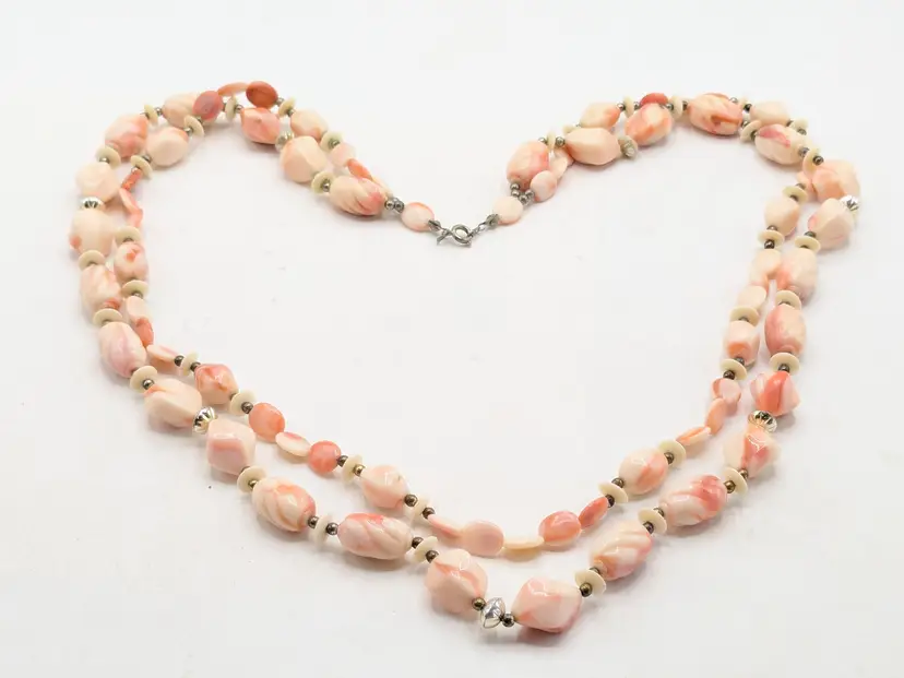 Vintage Pink and White Lucite Double Strand Necklace Summer Jewelry