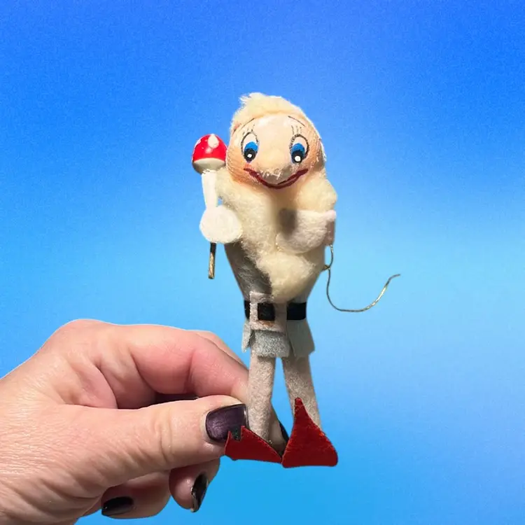Vtg. Christmas Elf Ornament w/ Mushroom | 4”