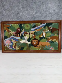 🦁 Vintage Needlepoint Safari Wall Art | Framed Jungle Animals 🦓