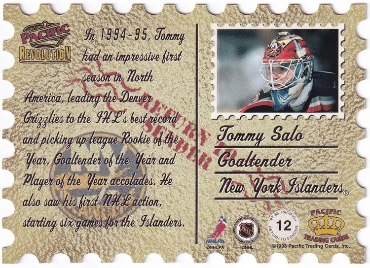1997-98 Revolution Return to Sender Die-Cuts #12 Tommy Salo New York Islanders Hockey Card